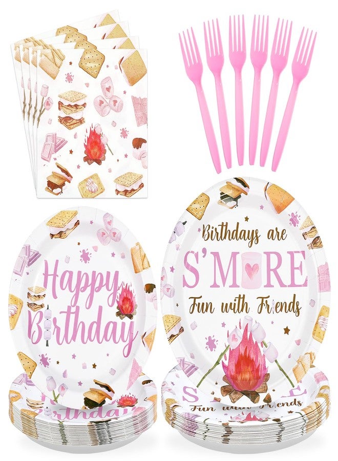 Greencian 96Pcs S'mores Camping Birthday Decorations Birthdays Are S’more Fun with Friends Plates and Napkins Pink Camping Theme Tableware Set for Girls Camper Campfire Bonfire Birthday Party Supplies Serves 24 - Image 1